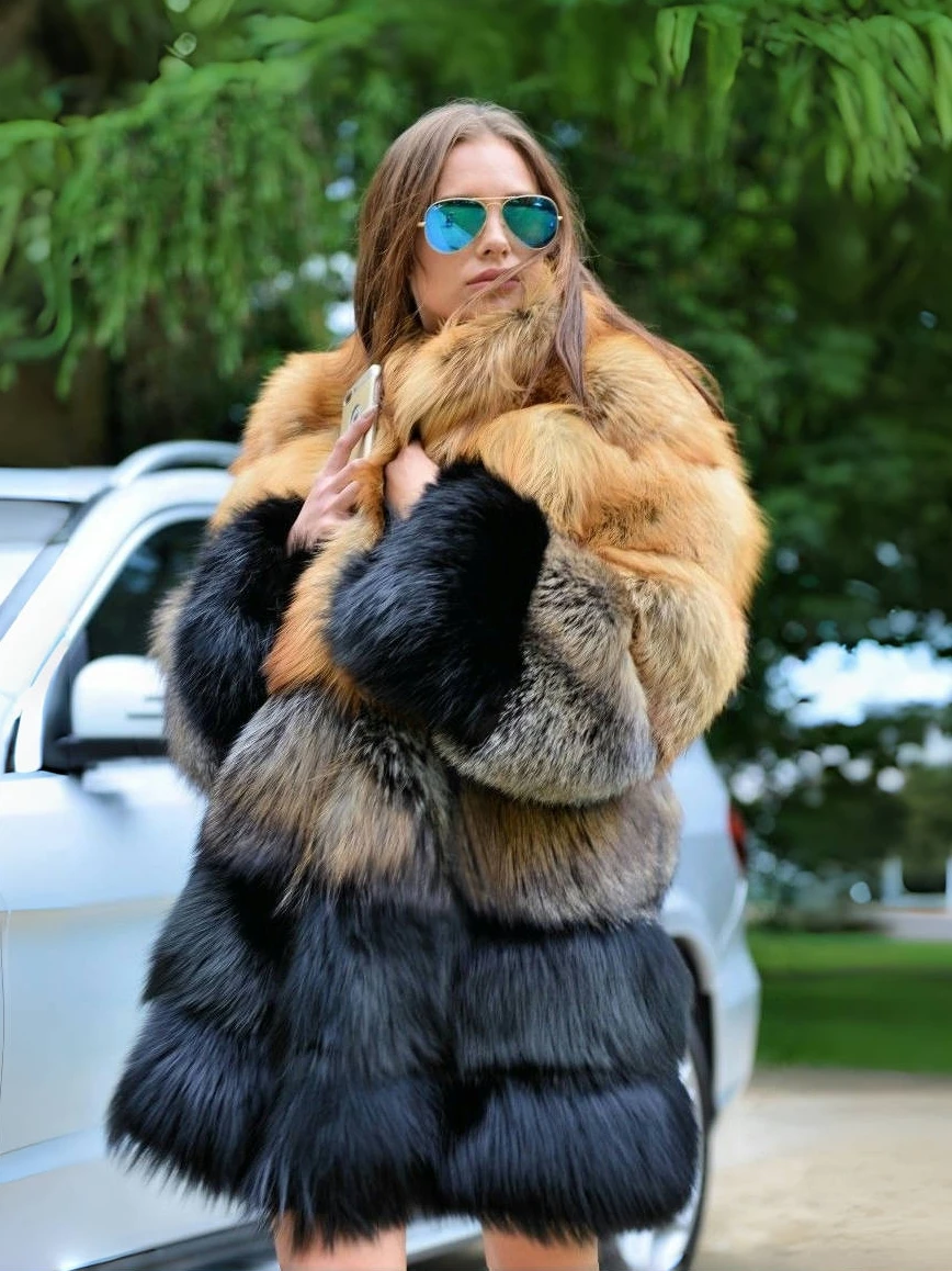 Women's Luxury Gradient Faux Fox Fur Mid-Length Coat Fluffy Warm Winter Jacket Elegant Outerwear for Daily Commute & Party