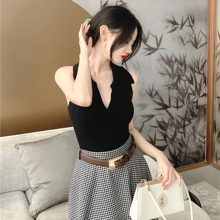 

6570, летний новый стильный легкий сексуальный пуловер с воротником-поло для девочек, тонкий вязаный жилет без рукавов