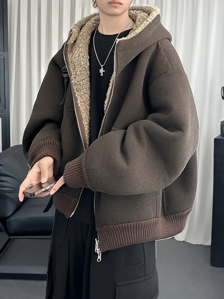 

Мужская ультратеплая куртка из овечьего бархата с флисовой подкладкой, двусторонняя, хлопковая, теплая, повседневная, с длинными рукавами, на молнии, с капюшоном