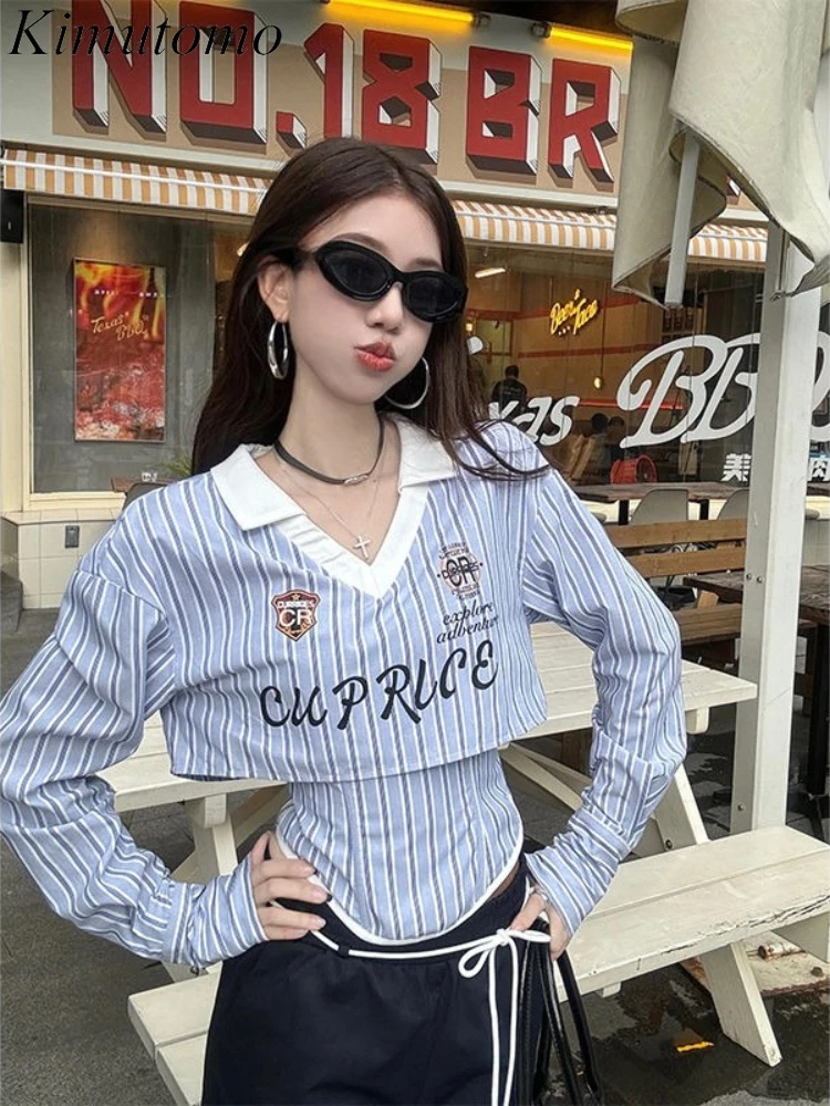 

Kimutomo Two Pieces Set Y2k Preppy Style Patchwork Cropped Letter T Shirts Harajuku Tops Vertical Stripe Grunge Tank Women