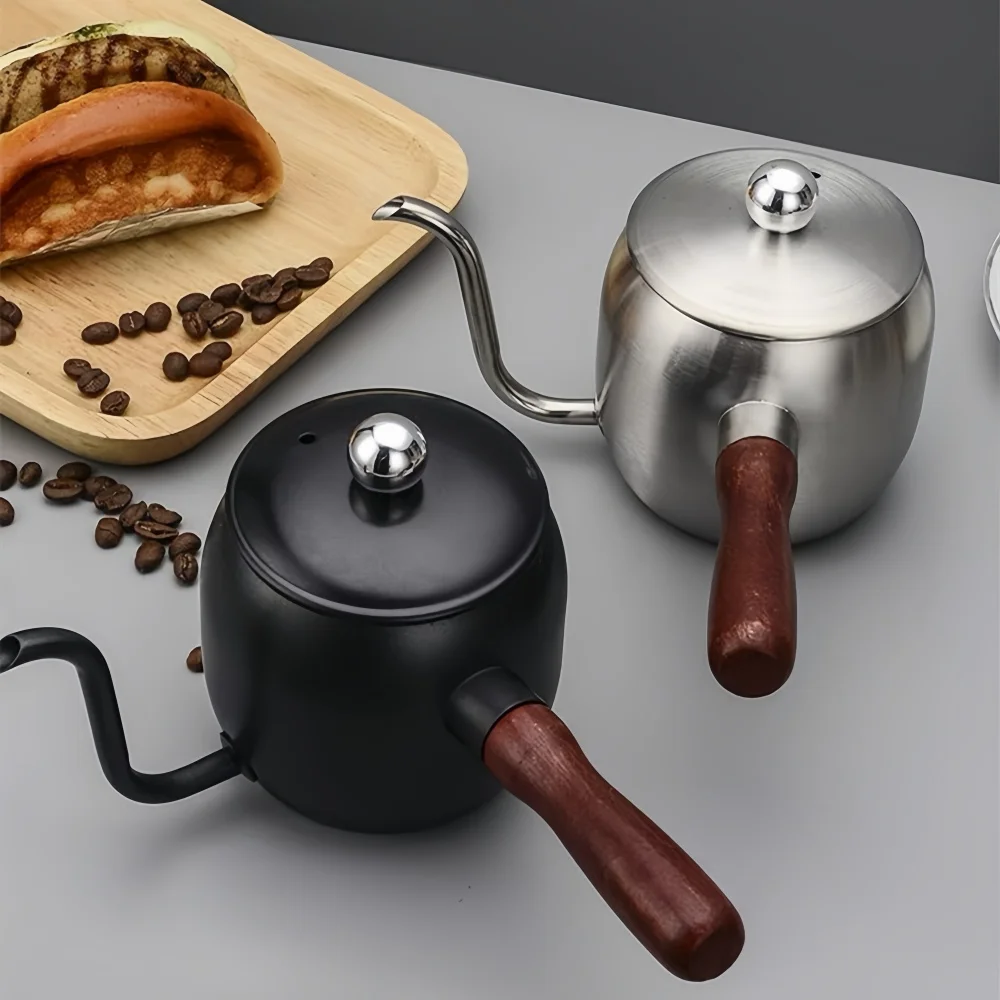 500ML Coffee Hand-brewed Pot with Lid 304 Stainless Steel Wooden Handle Hanging Ear Coffee Outdoor Long Mouth Pot Coffee Utensil