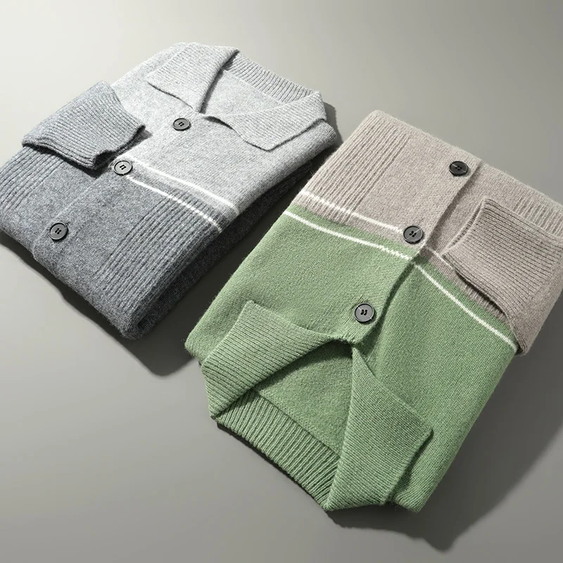 Autumn And Winter New 100% Pure Wool Lapel Cardigan Leisure Business Men's Knitted Bottoming Color Matching Sweater Coat