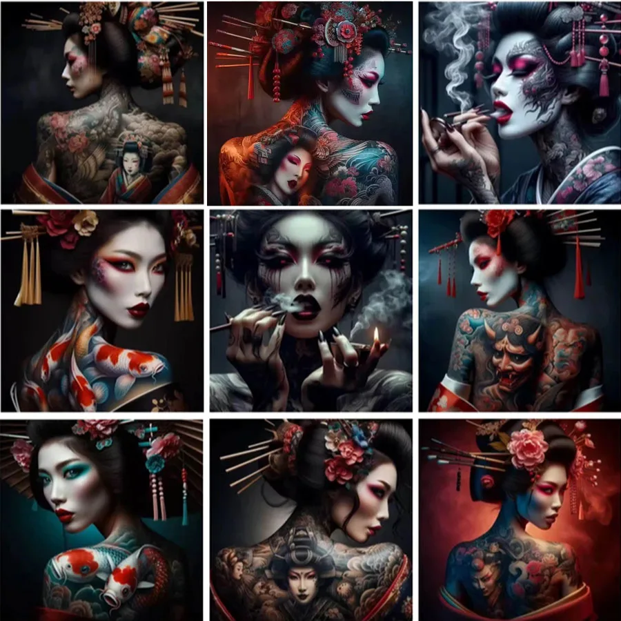 5D Diy Diamond Painting Japanese Geisha Full Square Mosaic Embroidery Gothic Body Tattoo Woman Picture Jewelry Cross Stitch Kits