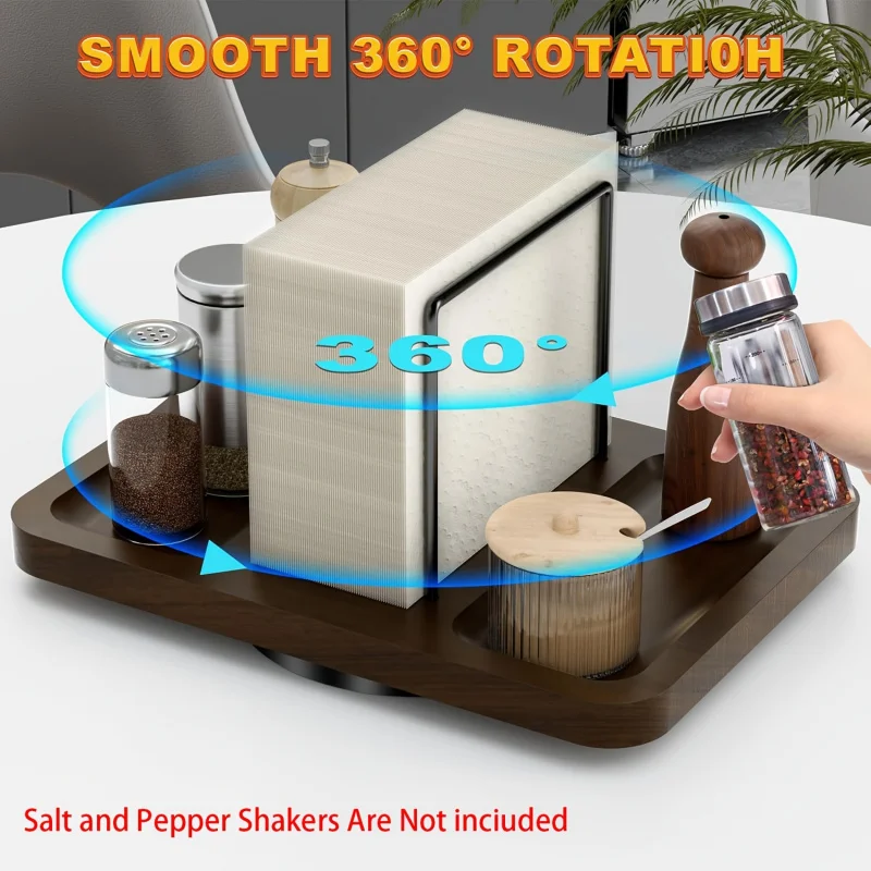 竹製ナプキンホルダーと塩コショウ入れ-360-°-キッチンテーブルの整理整頓と装飾のための回転式デュアル機能ブラウンスタンド