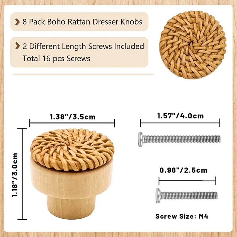 ABRE-8 Pak Boho rotan kenop untuk lemari laci kabinet kayu kenop untuk dekorasi anyaman Boho rotan laci tarik