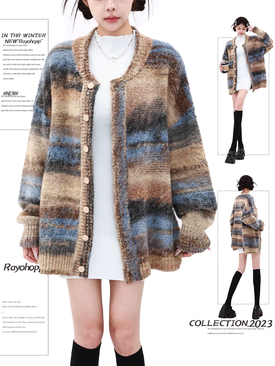 

2025 Autumn Winter Women Striped Long Sleeve Cardigan Sweater Knitwear Oversize Vintage Colorful Thick Jacket Korean Fashion