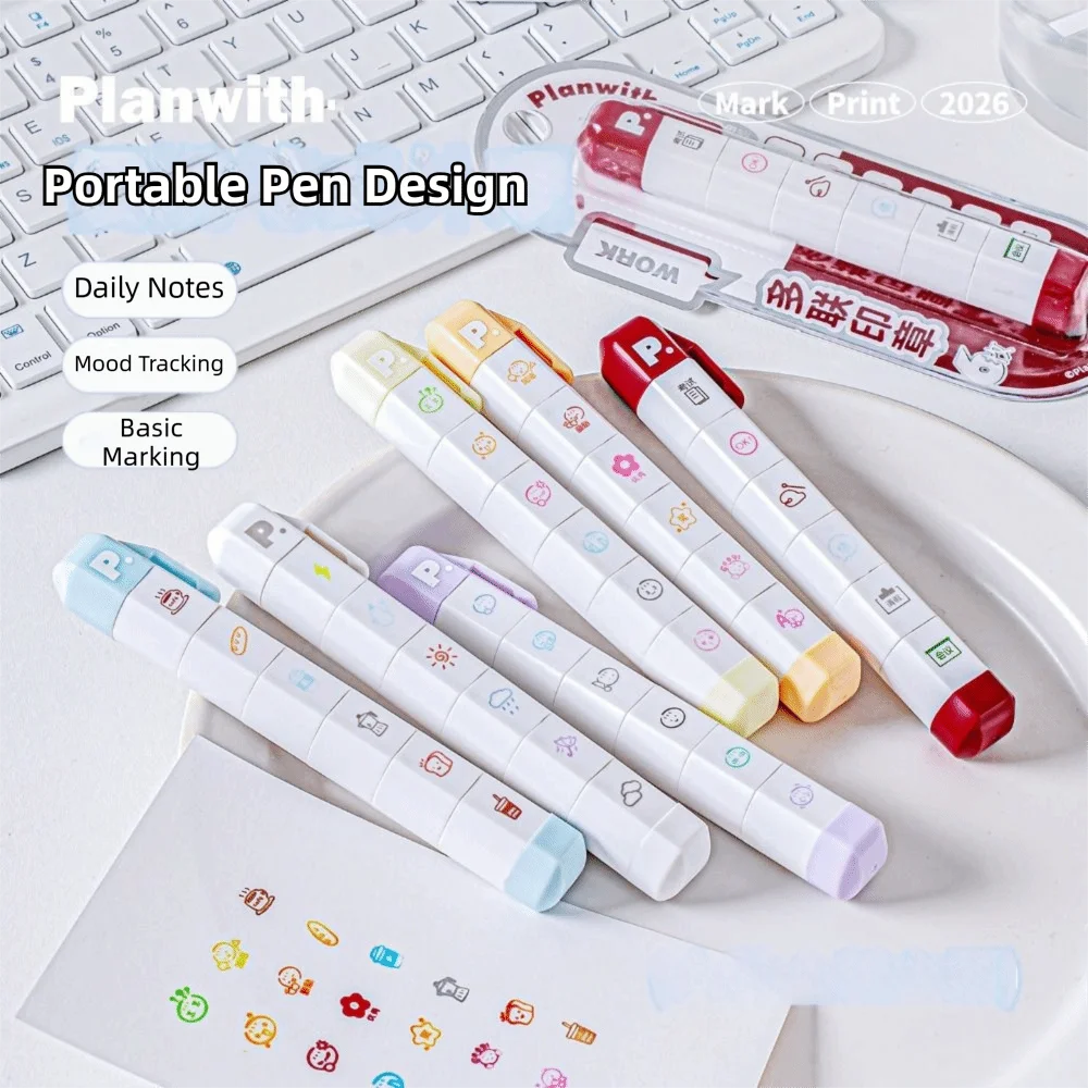 Cute Cartoon To Do List Journal Stamp Detachable Self-ink Seal Pen Portable 6 Patterns Diary Seal Kids Gift School Stationery