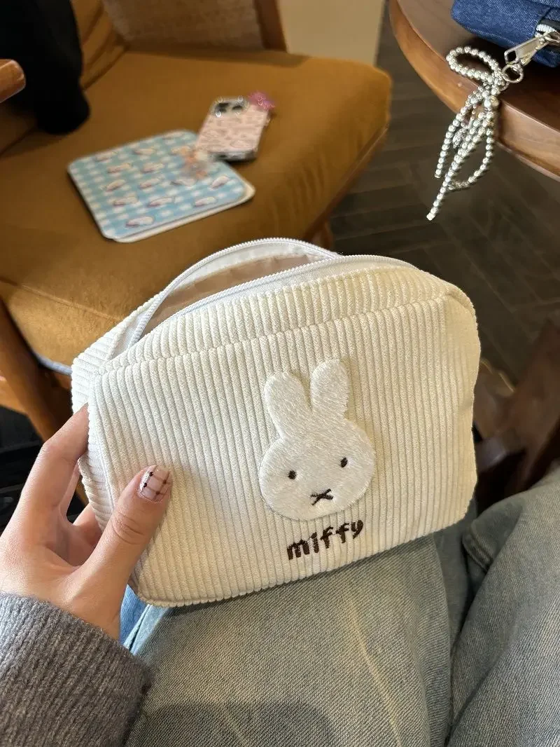 Kawaii Miffy Corduroy Large Capacity Makeup Bag Portable Storage Portable Pen Bag Menstrual Towel Storage Bag Gift