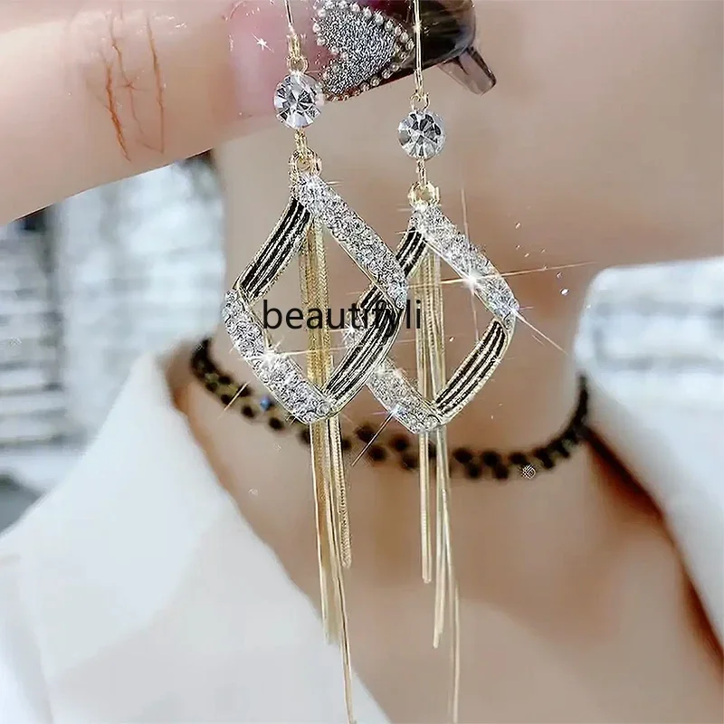 Diamond Set Geometric Bohemian Tassel Sterling Silver Needle Earrings Long Versatile Earrings