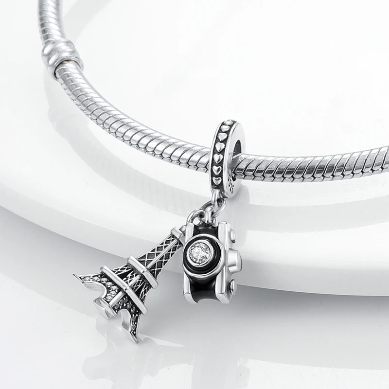 Original 925 Sterling Silver Charm Bead Eiffel Tower Camera Pendant Fit Original Bracelet Chain For Women DIY Jewelry Gift