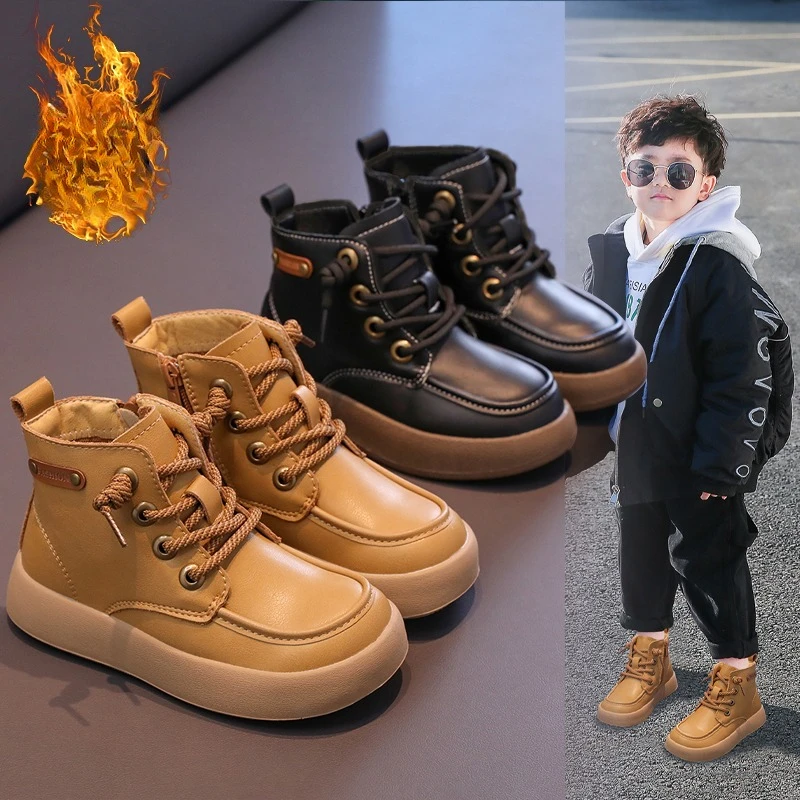 

Children's Padded Boots Boys Thickened Warm Khaki Girls Cotton Shoes 3-18 Years Old Lightweight Non-slip Kids Leather Boots