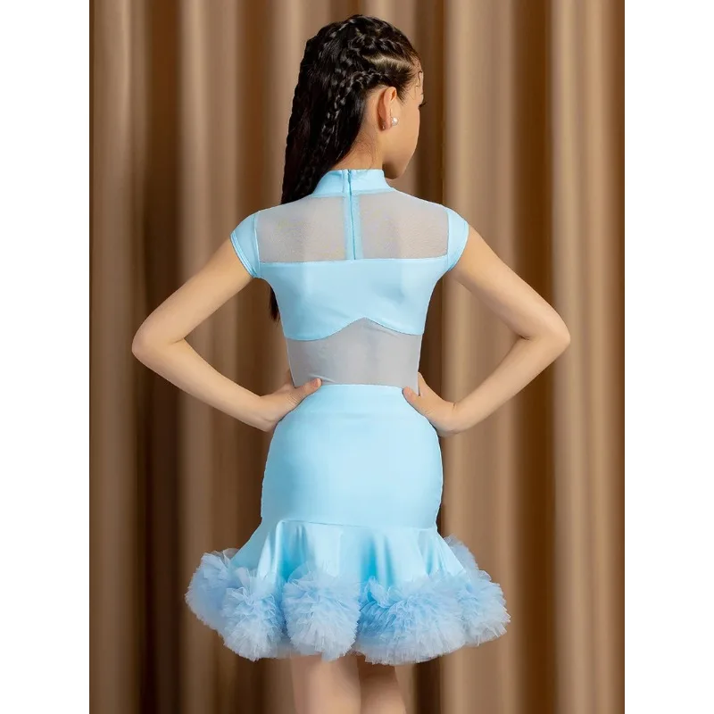 

Children Latin Dance Training Costume Kids Girls Short Sleeve Bodysuit and Feather Swing Skirt Samba Rumba Competition Dancewear