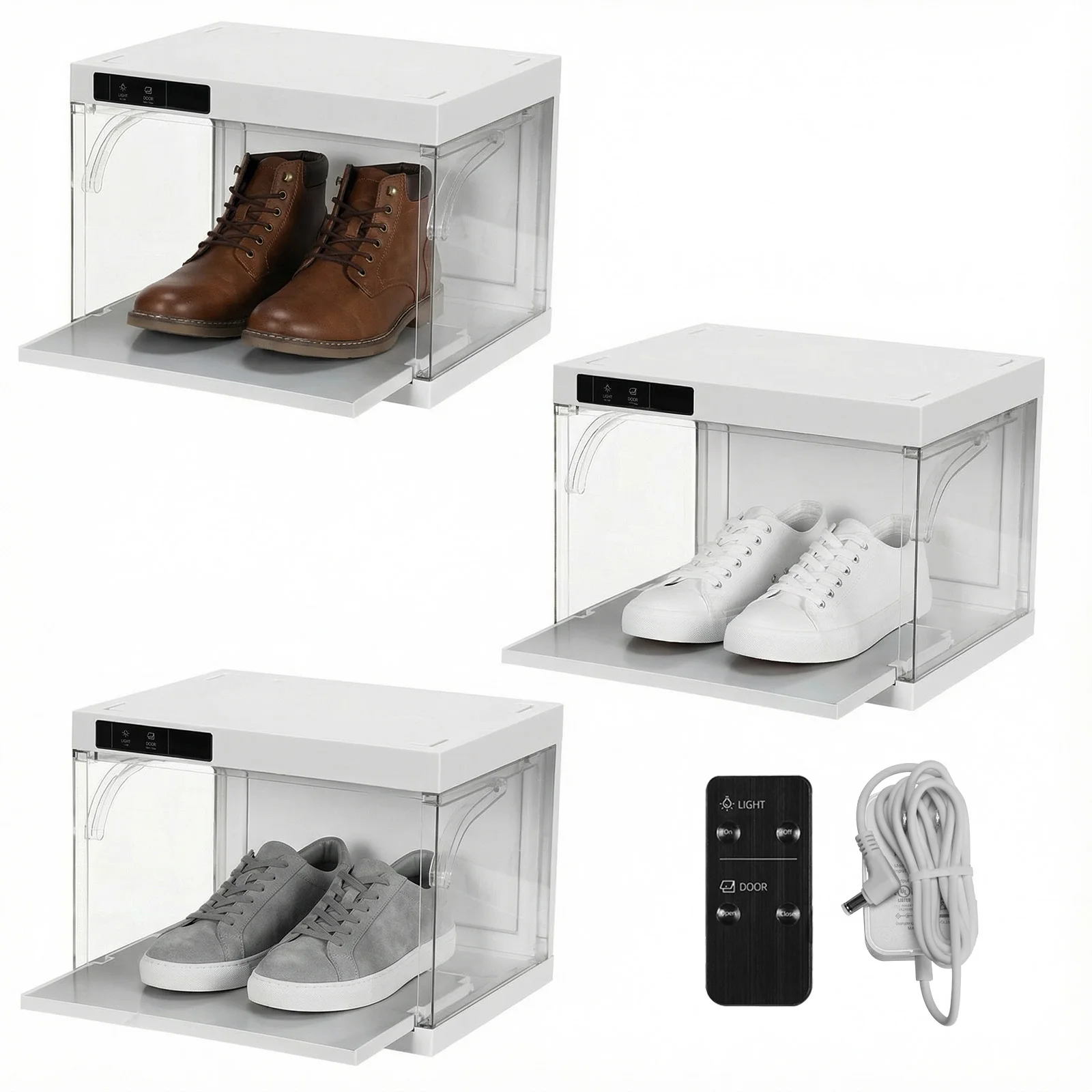 

Умный прозрачный пластиковый штабелируемый бокс для хранения обуви с автоматическим открыванием на пульте ДУ для любителей кроссовок