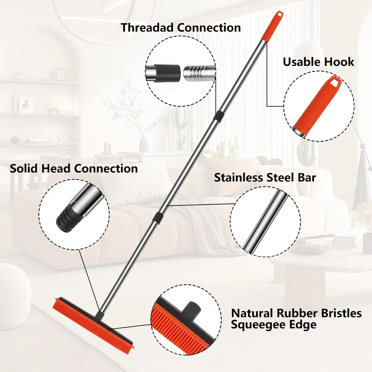 مشط سجادة مكنسة مطاطية مع ممسحة طول قابل للتعديل لمكنسة مزيل فرو شعر الحيوانات الأليفة لسجاد الزغب والأرضيات الصلبة بدون صرا #6