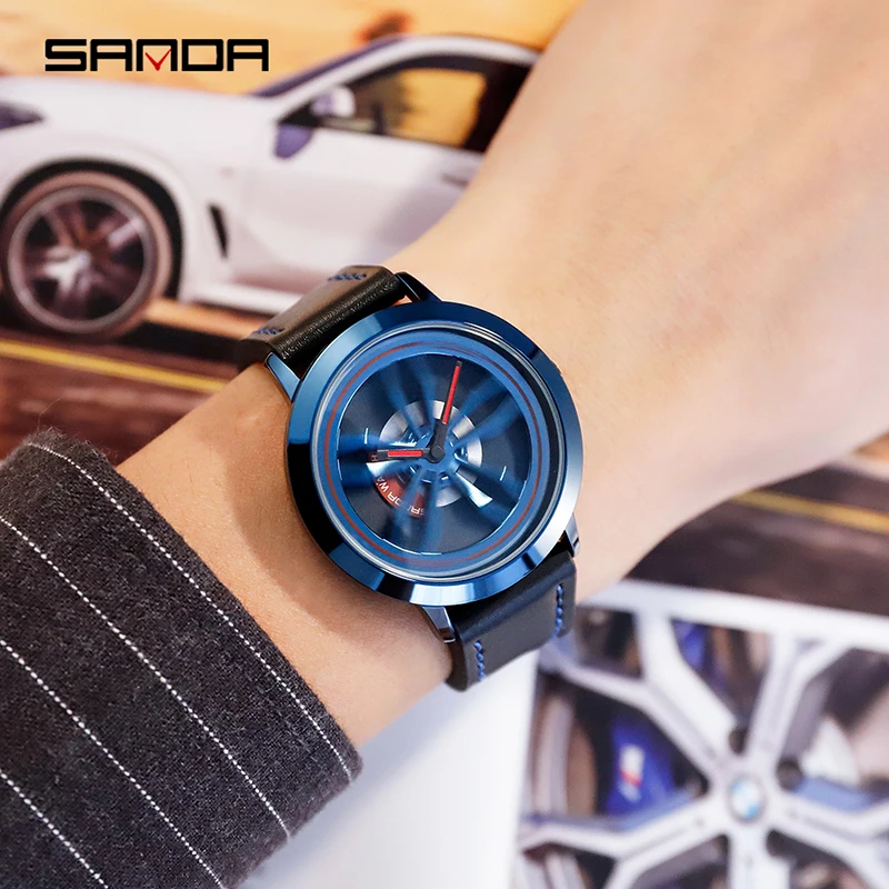 SANDA P1010 Concept Dial Modeified Car Watch for Men Wheel Hub Rotating Quartz Wristwatch Fashion Sports Male Clock Reloj Hombre