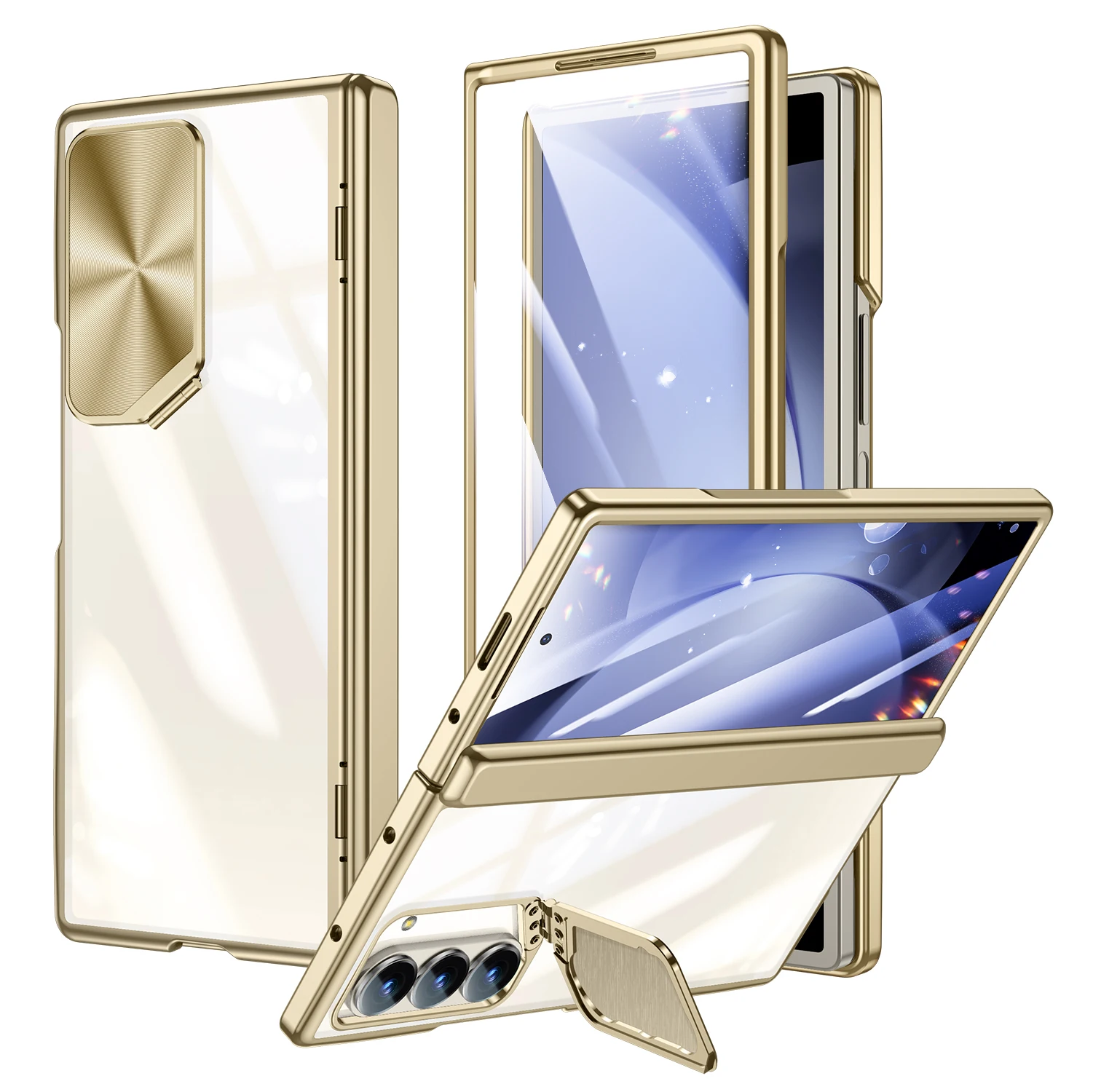 For Samsung Galaxy Z Fold 6 Case Full Hinge Protection Slim Plating Crystal Clear Case with Camera Stand Cover Screen Protector