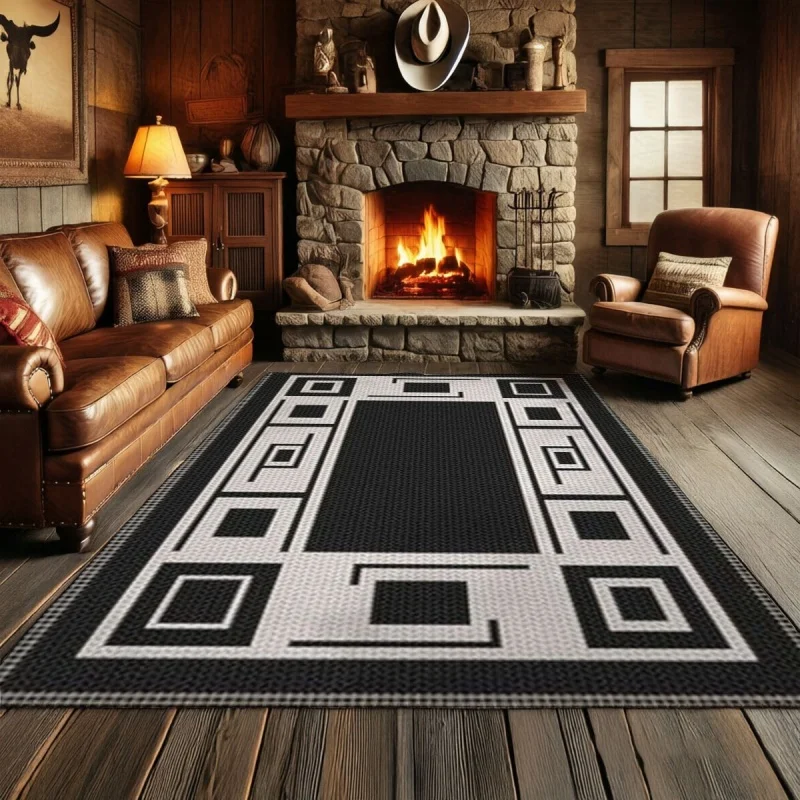 Western Farmhouse Black White Geometric Square Border Area Rug, Modern Rustic Non-slip Large Floor Carpet for Cabin Living Room
