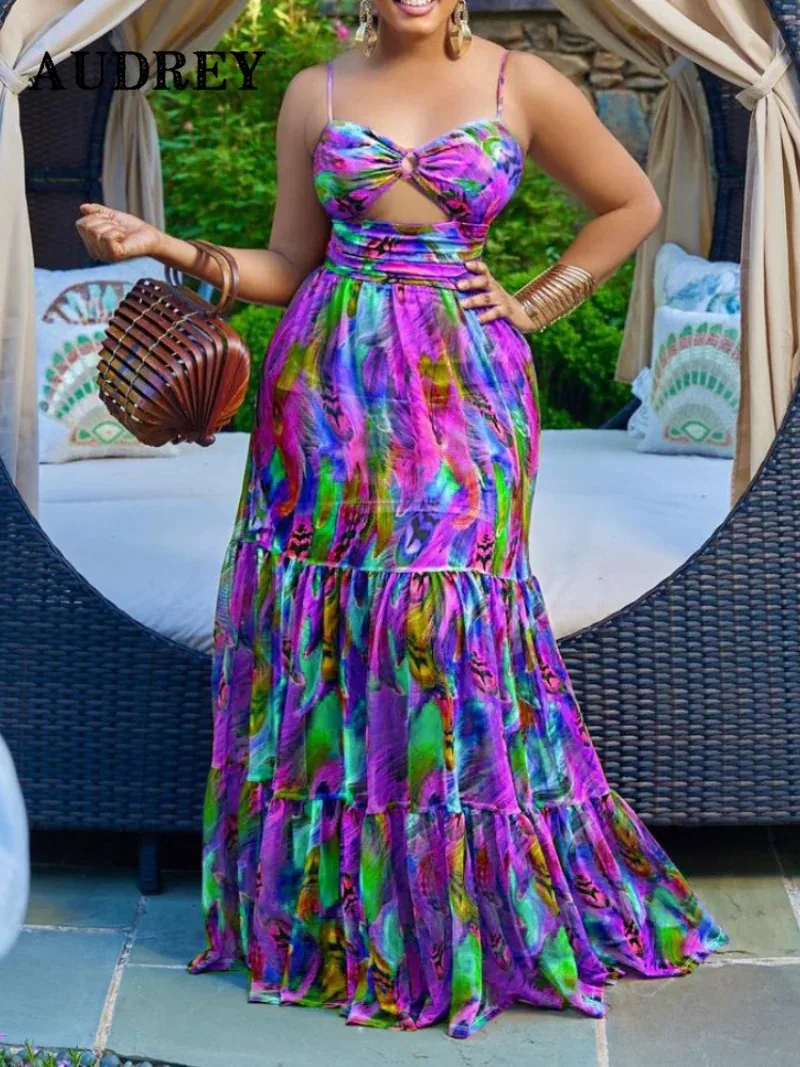 Eleganckie sukienki Resort Plus Size Sexy z nadrukiem bez pleców plażowe Boho Mixi sukienka Femme Ete wypoczynek przedsionek