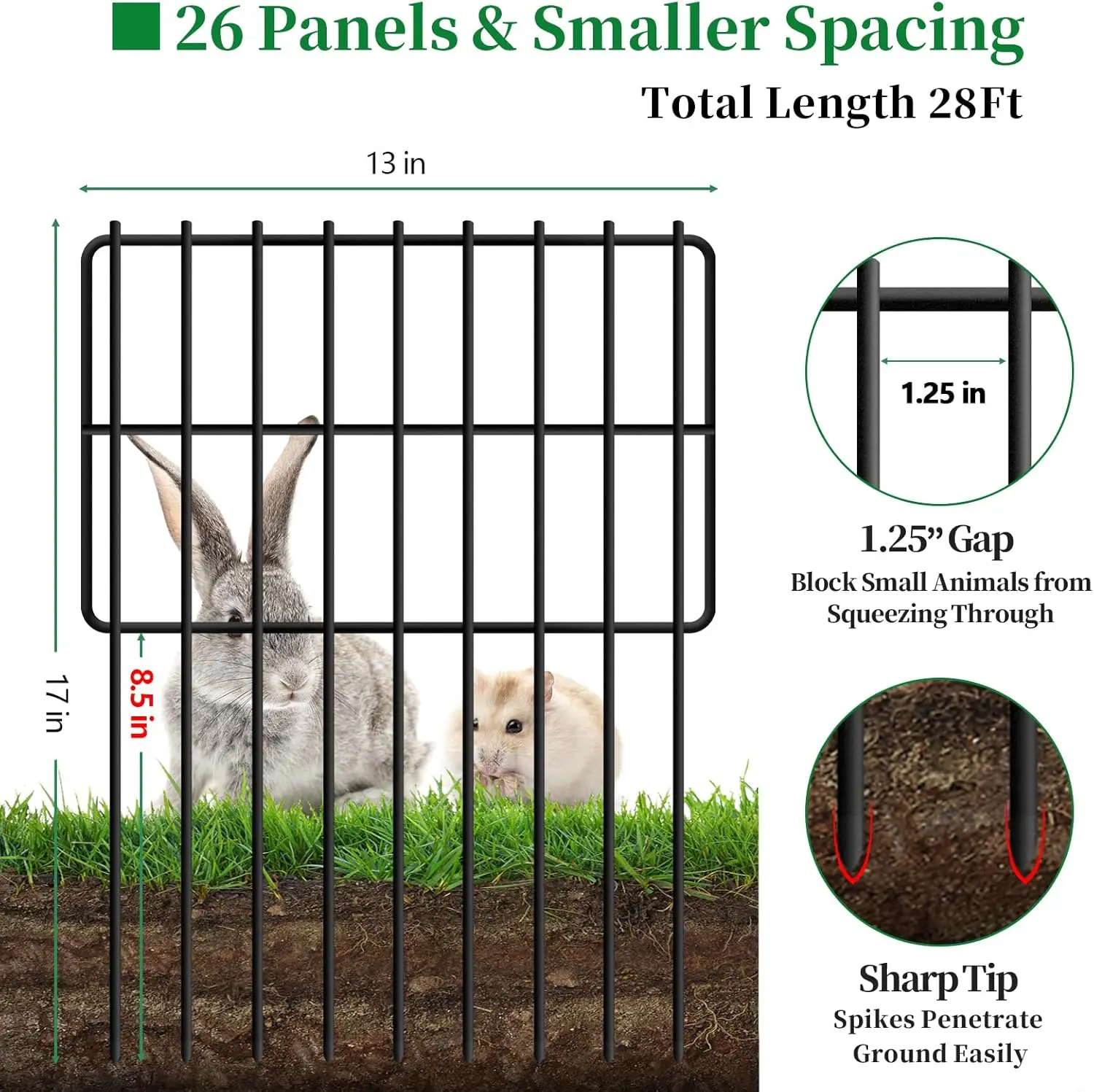 26-Panel Rustproof Metal Garden Fence, 28ft x 17in, No-Dig Animal Barrier for Dogs & Rabbits
