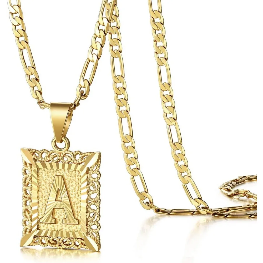 

Initial Letter Pendant Necklace 14K Gold Plated Square Monogram A-Z Figaro Chain for Men and Women