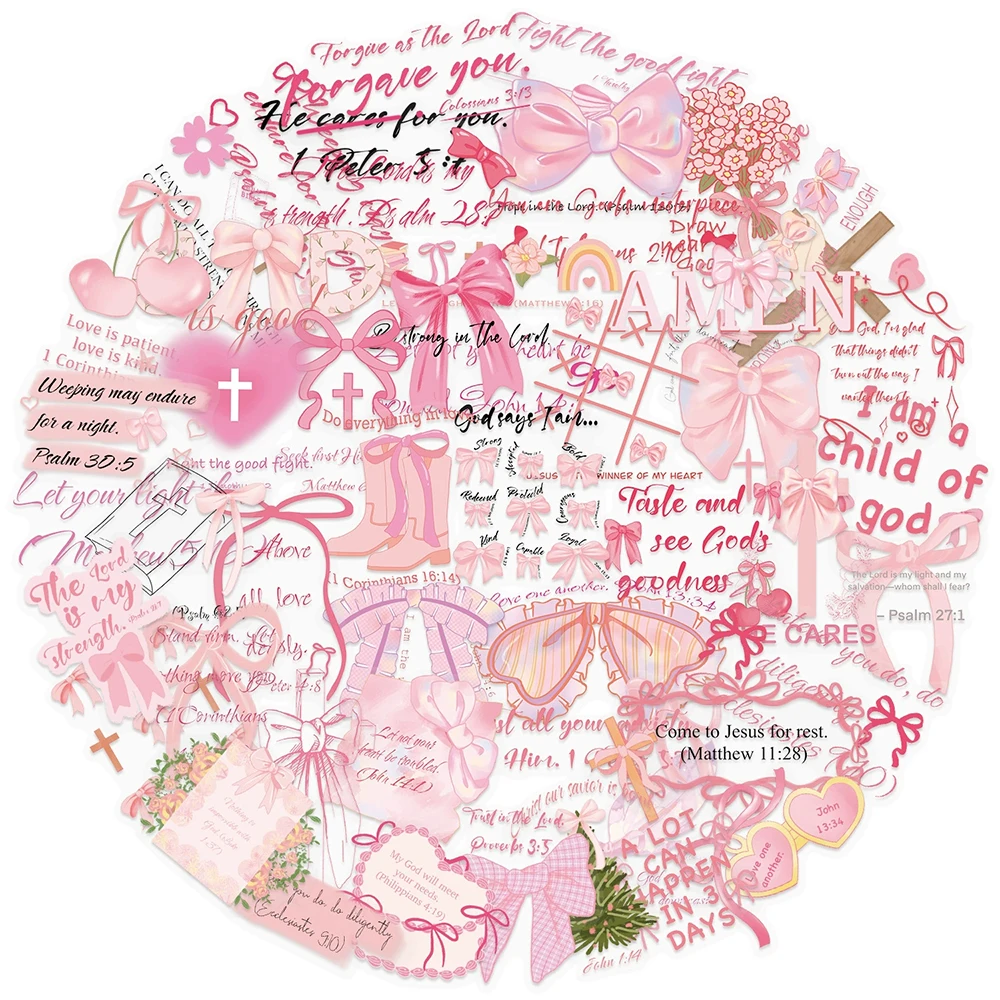 

10/30/50pcs Pink Bow Bible Phrases Aesthetic Stickers Waterproof Graffiti DIY Scrapbook Suitcase Phone Transparent Decals Decor