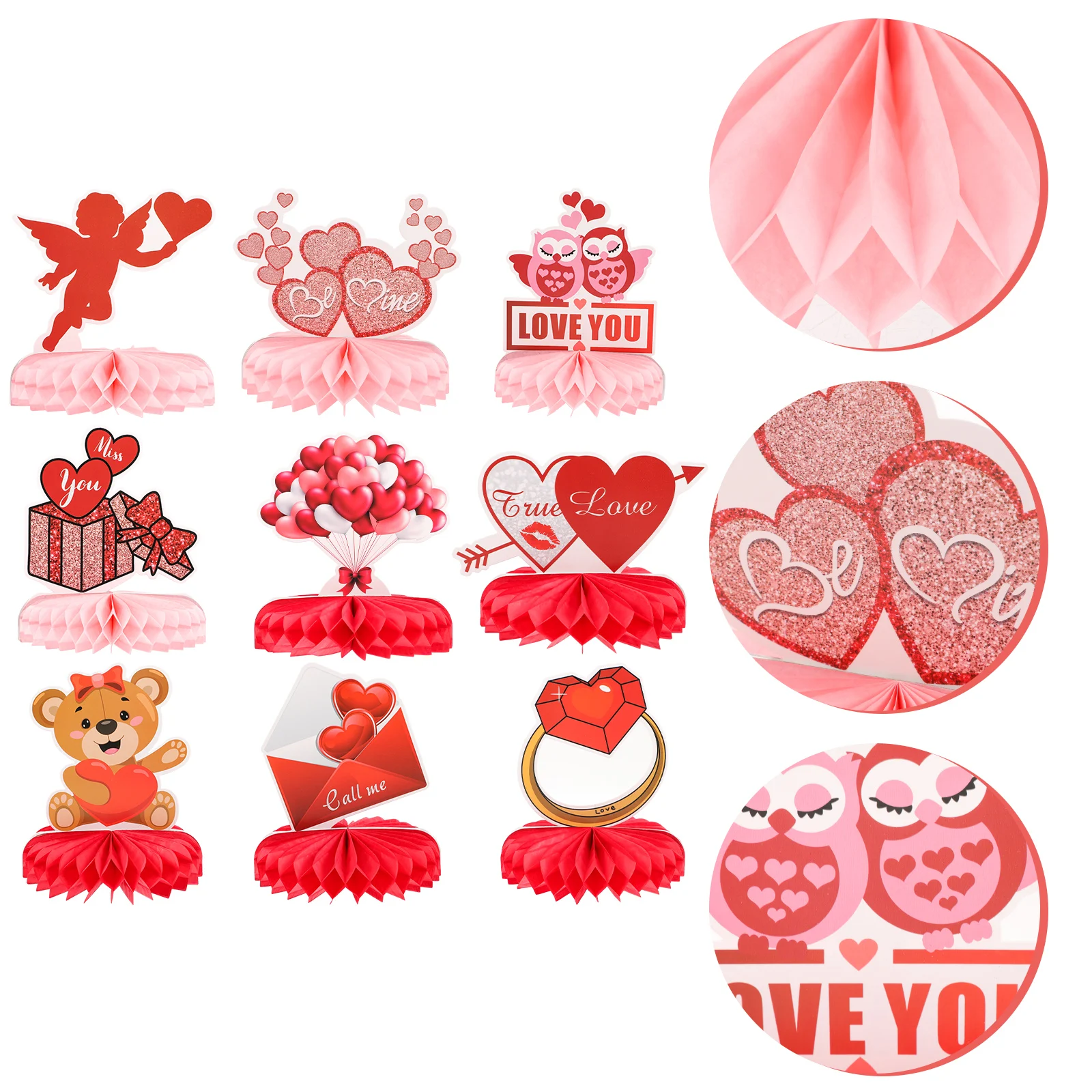 

9Pcs Valentine's Day Honeycomb Decorations Romantic Sweet Patterns Table Centerpieces Party Layout Photo Props Wedding Supplies
