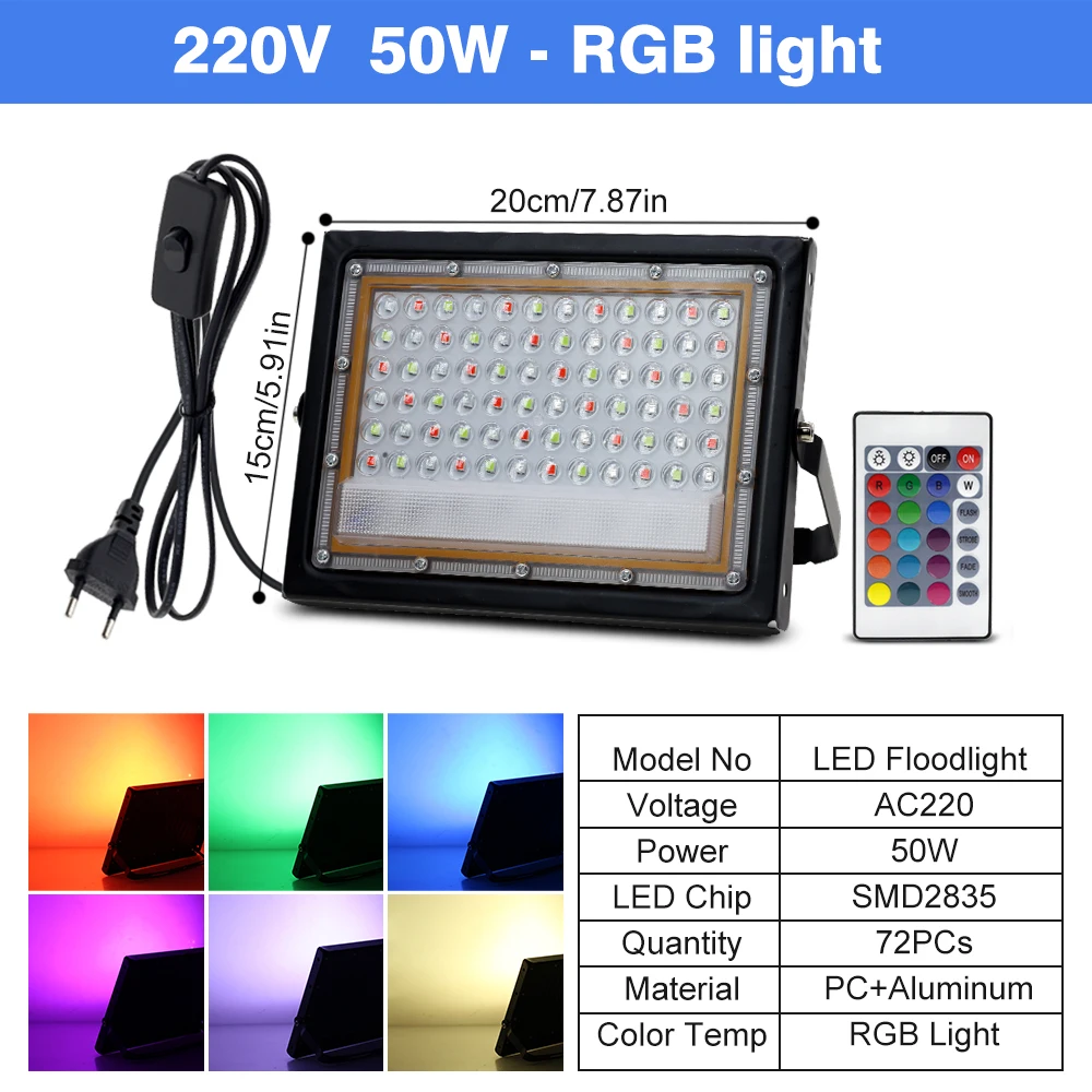 AC-220V LED الكاشف 50 واط 100 واط IP65 مقاوم للماء مصباح ألومنيوم الجسم SMD2835 سطوع عالية رقاقة في الهواء الطلق RGB مصباح ليد الكاشف