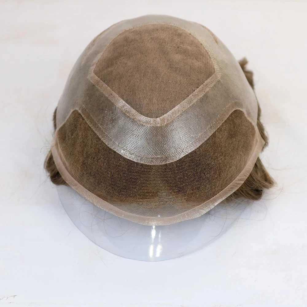 شعر بشري غير قابل للاكتشاف أشقر رمادي متعدد الاستخدامات قابل للتنفس في أوروبا بنسبة 100% # 350 شعر مستعار للرجال باللون الرمادي والبني، عقدة شعر طبيعية