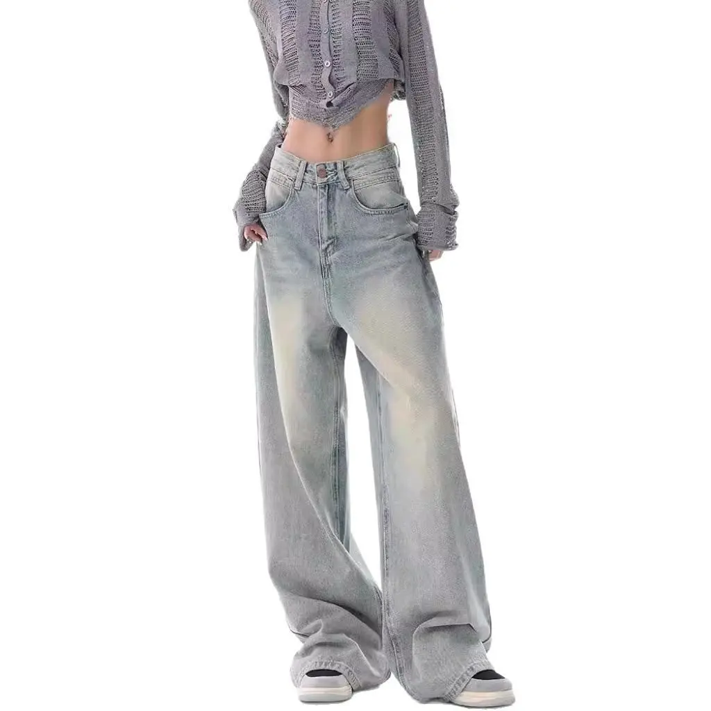 KEN STUDID Pantalon à jambes larges pour femme, jean coupe ample au design rétro américain pour début d'automne