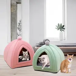 Cute Pet Cat Bed Semi Closed Dog House Sofa Nest Velvet Washable Puppy Kennel Warm Comfortable Tent for Indoor Outdoor