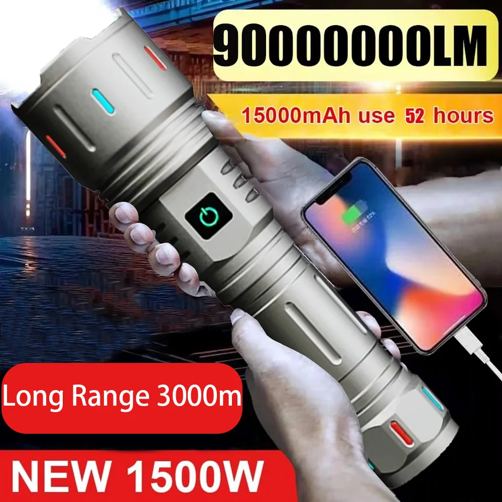 

High Power 500W LED Flashlight Type-C USB Rechargeable Tactical Torch 3000M Long Range Ultra Powerful Flashlight Camping Lantern