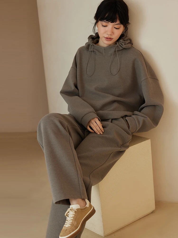 

Зимний комплект одежды, женская свободная толстовка с капюшоном, прямые брюки, брюки с высокой талией, повседневные удобные брюки из двух предметов