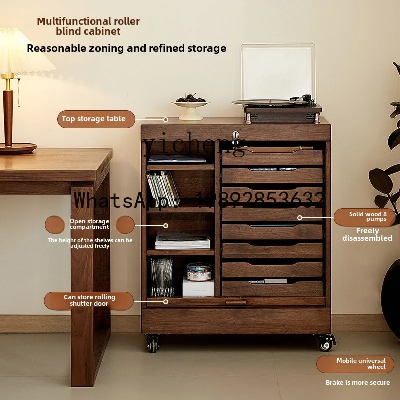 ABC  black walnut mobile file cabinet retro wood rolling shutter door sundry cabinet