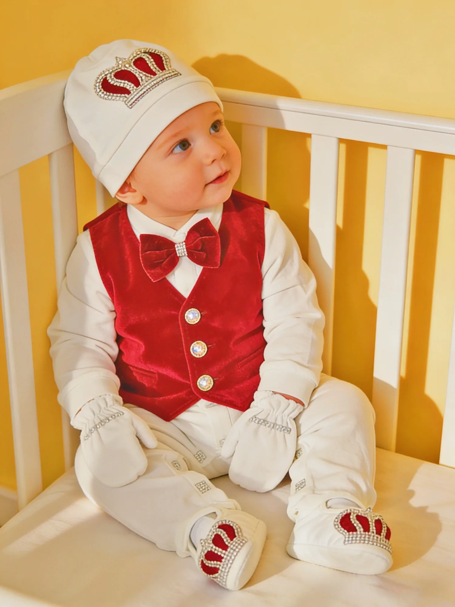 

Baby Boy Red White Crown Tuxedo Set - Onesie Vest Hat Shoes with Rhinestone Decor