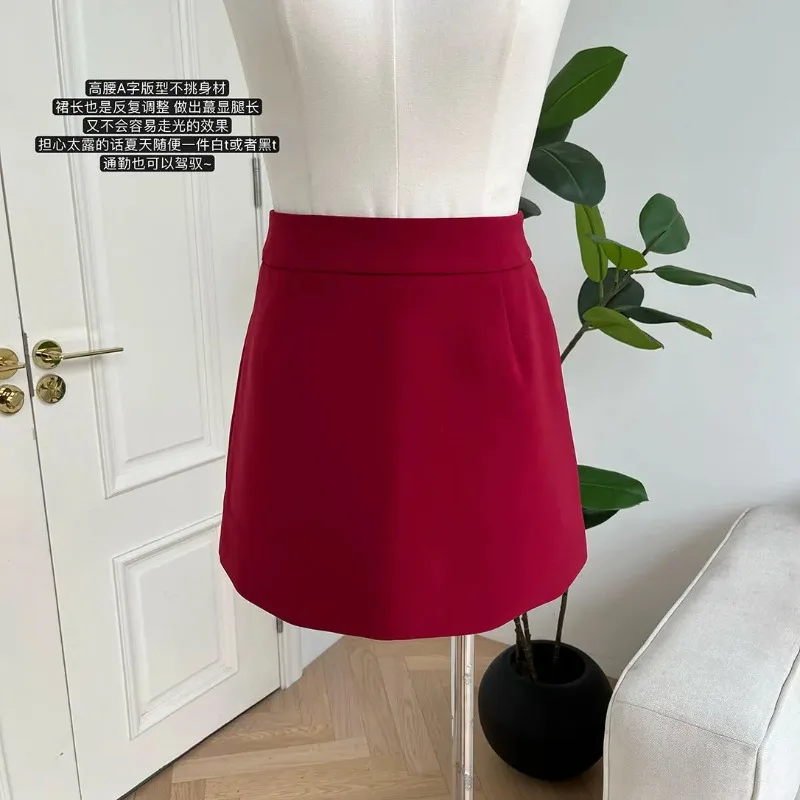 Women's Red High Waist A-Line Mini Skirt Summer Casual Slimming Anti-exposure Short Skirt