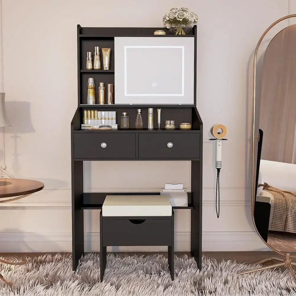 Compact Sliding Mirror Vanity Desk with Dimmable LED Lights, 2 Drawers for Bedroom Use (Black)