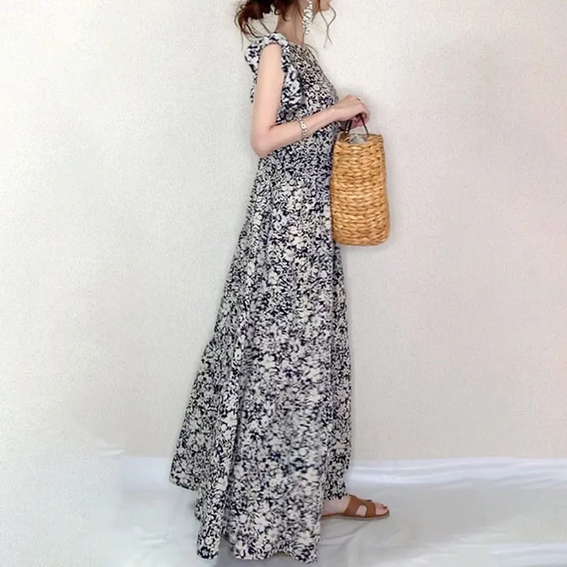 Kuzuwata Round Neck Ruffle Sleeve Flower Print 2024 Summer New Dress Women Fashion Lady Vestidos Loose Casual High Waist Robe