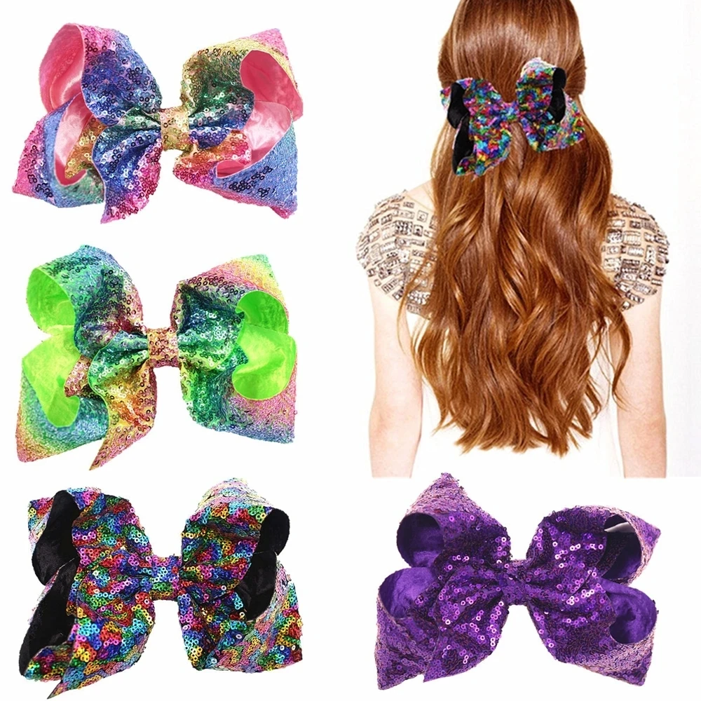 7 inch Big Large Sequin Grosgrain Ribbon Hair Bow Alligator Clips Barrette Bowknot Headwear Children Girls Hair Accessories