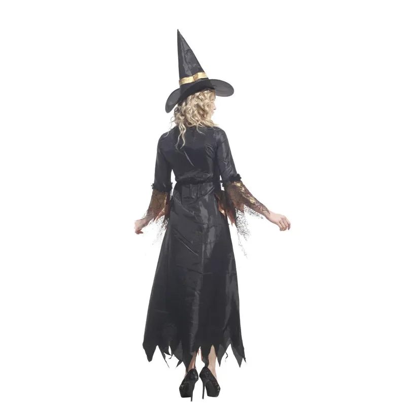 Deluxe Black Gold Spinnenweb Heks Kostuum Vrouwen Tovenares Cosplay Halloween Nieuwjaarsfeest Fancy Dress