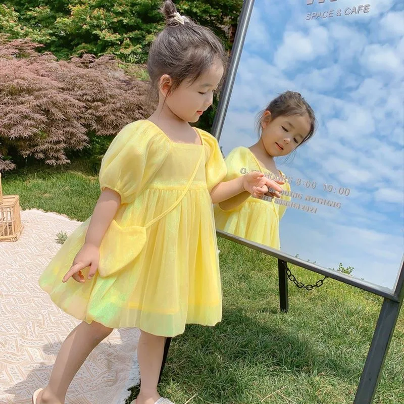 2 To 8 Years Baby Girls Dress 2025 Summer Cute Puff Sleeve Elegant Princess Dress With Bag Christmas Birthday Party Kids Clothes
