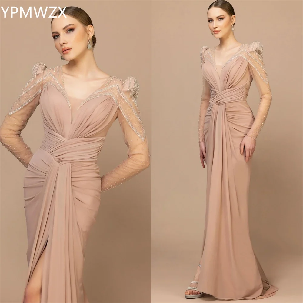 

Customized Evening Dress Party Occasion Formal Women YPMWZX V-neck Mermaid Floor Length Skirts Draped Knot Bead Bespoke Oc