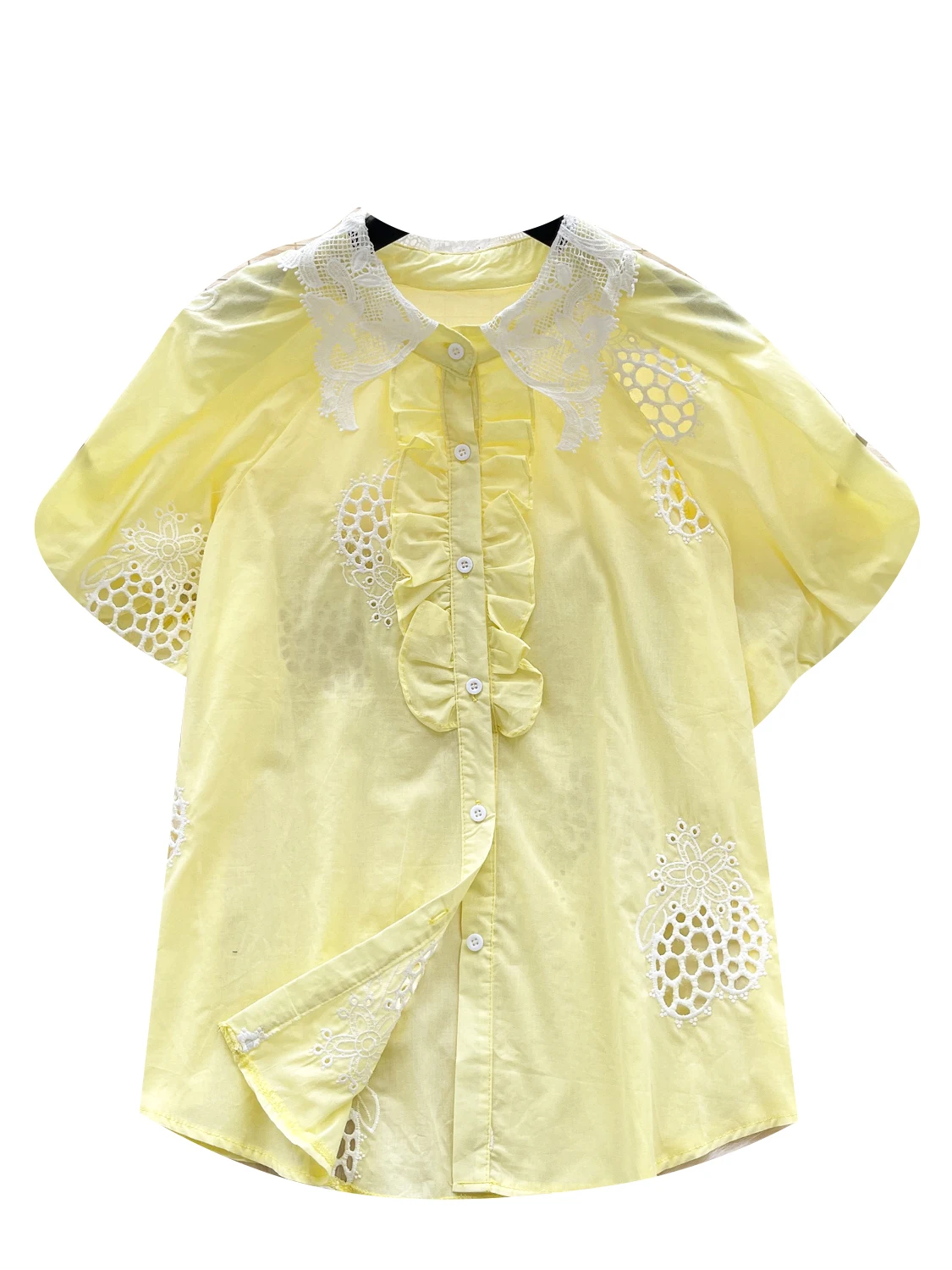 Csa Fena Estilosa com Gola de Boneca Bordada e Mangas Bufantes, Moda Doce e Suave de Verão, Estilo Coreano, Manga Curt...