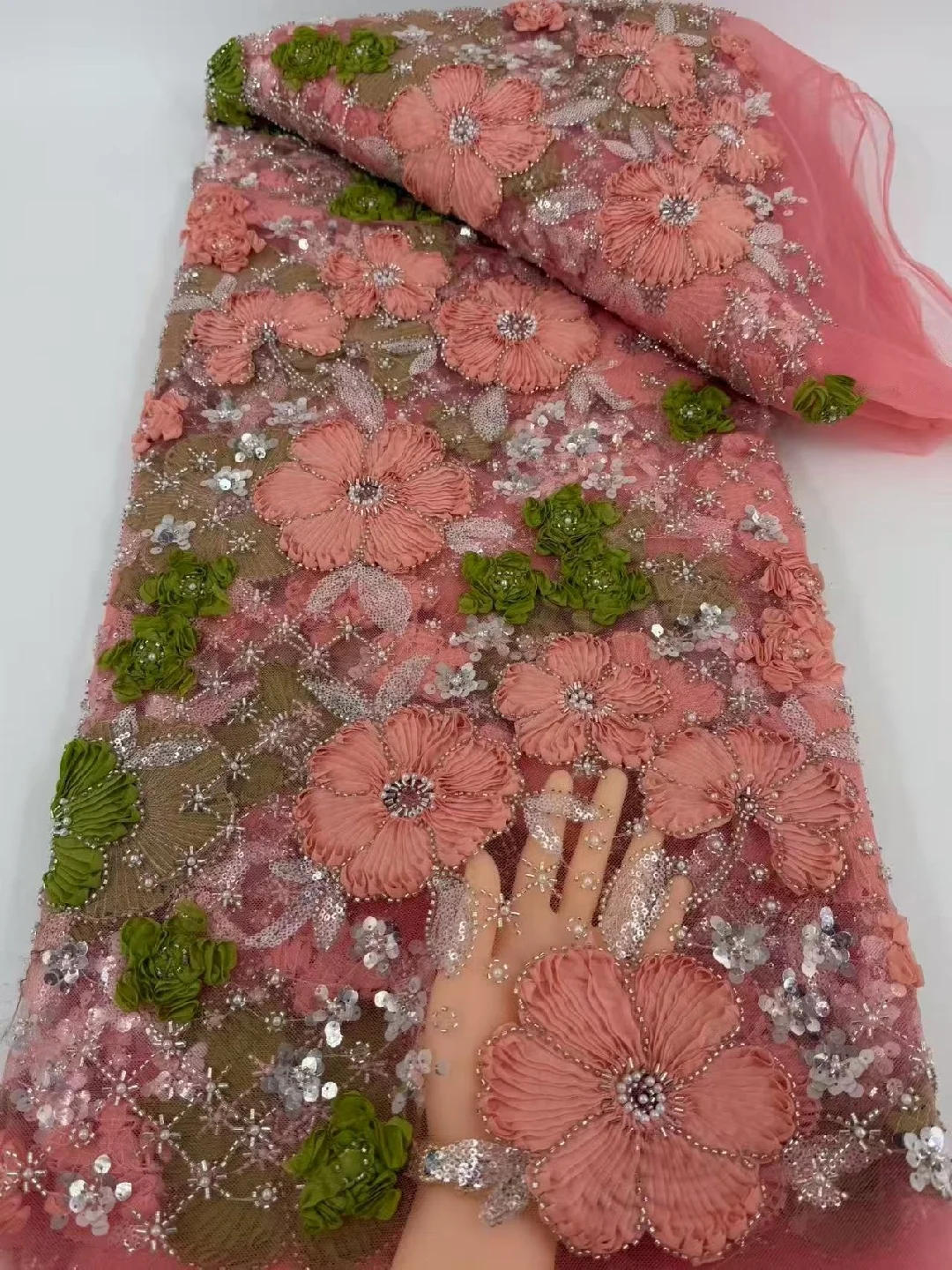 3D Floral Bead Tube Embroidered Tulle Lace Fabric, Pink Sheer Mesh with Handmade Fabric Flowers Sequins for Wedding Evening Gown