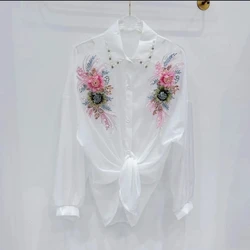 Blusa informal holgada fina para mujer, camisa de manga larga con protección solar, Top con lentejuelas bordadas pesadas para primavera y verano 2023