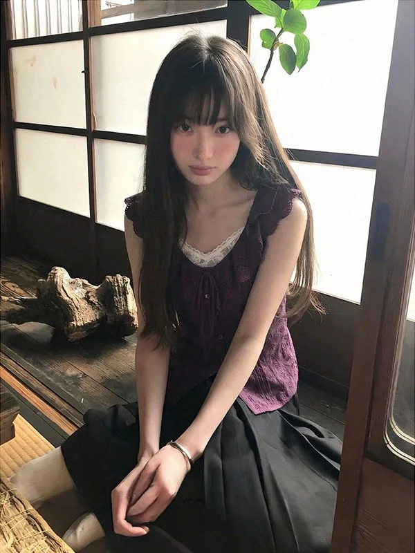 Women's Slim Fit Short Sleeve Shirt Purple Blouse Ruffle Hem Korean Style Regular Fabric Anti-Wrinkle Korean Spring Summer