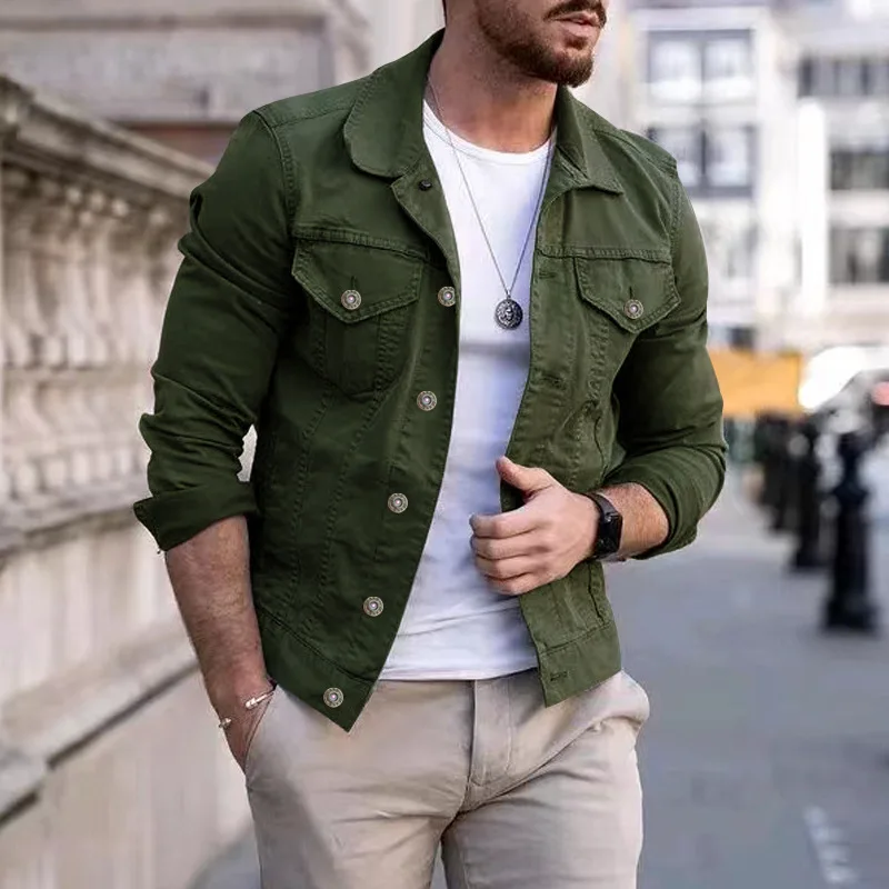 Fashion Men Jean Jacket Outerwear Casual Slim-fit Coat with Pocket Button Design Cargo Jacket Streetswear Autumn Tops Clothing