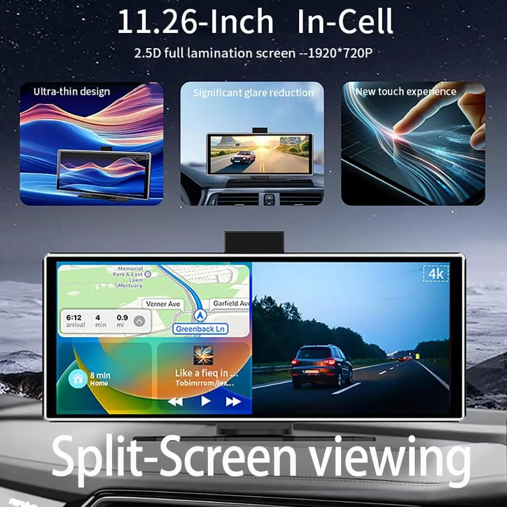 11.26 inch 4K Dash Cam Wireless Carplay Android Auto Fashionable Silver Border Car DVR GPS Navigation Video Recorder Dashboard