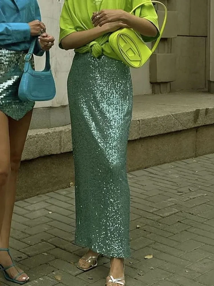 

Women Elegant Commuting Glitter Slim Long Skirt Fashion High Waist Solid Color Club Party Skirt Lady SexyShiny Sequin Half Skirt