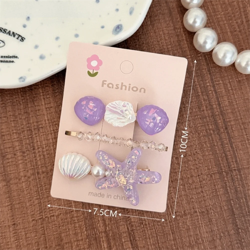 

3pcs/Set New Ocean Series Shell Starfish Hair Clips Glitter Pearl Hairpins Purple Princess Headdress Girls