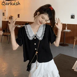 M-4XL Shirts Women Loose Summer Sweet Girls Embroidery Peter Pan Collar Princess Cute Holiday Mujer Korean Style Popular Ulzzang